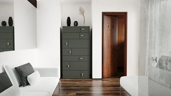 Interior minimalista con un aparador elegante en color pizarra, complementado por decoración simple y una puerta de madera que añade calidez, reflejando un diseño interior práctico y con estilo para una vivienda habitual.