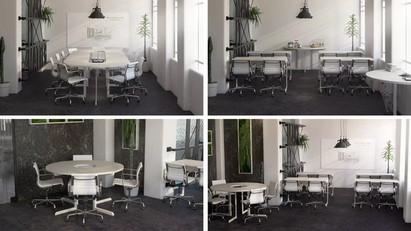 Mesa convertible Agile ideal para espacios modernos, mostrando su versatilidad en un ambiente de oficina minimalista, combinando funcionalidad y diseño contemporáneo para adaptarse a diversas necesidades empresariales.