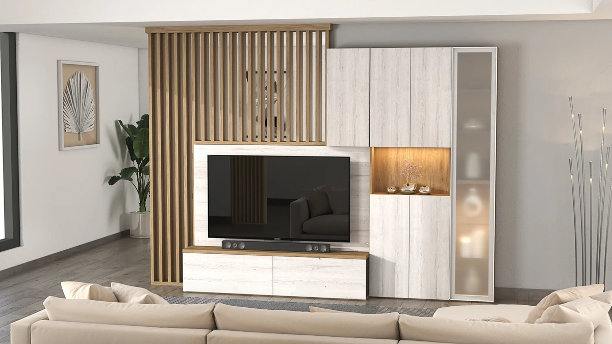 Elegante salón contemporáneo con separador de ambientes de melamina, integrando funcionalidad y diseño en espacios modernos.