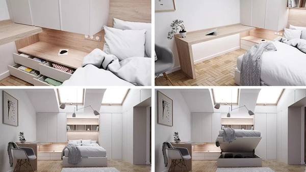 Escritorio minimalista de madera y mesita de noche integrada en un dormitorio abuhardillado, con diseño optimizado para espacios inclinados." Imagen de la zona de almacenaje del dormitorio abuhardillado