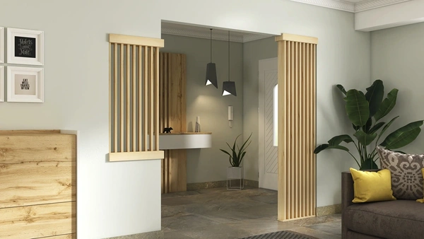 Separador de ambiente de madera natural en diseño minimalista, ideal para dividir espacios con estilo y funcionalidad.