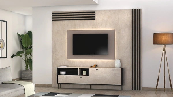 Panel para televisión con diseño ranurado, proporcionando un punto focal elegante y contemporáneo que realza la pared de cualquier habitación moderna.
