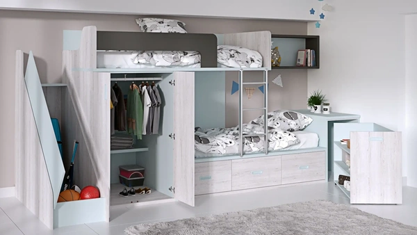 Arcón extraíble debajo de la cama en habitación juvenil, combinando comodidad y almacenamiento inteligente con un toque de minimalismo moderno.