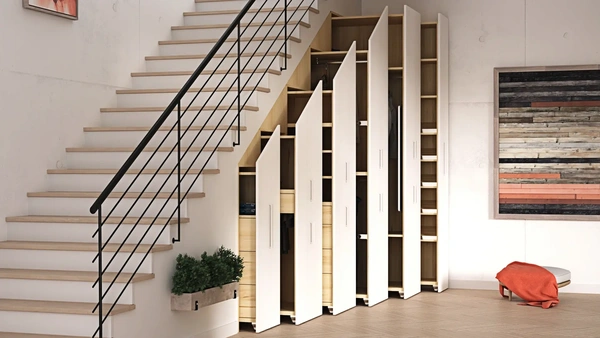 Armario a medida bajo escalera con puertas blancas, aprovechando al máximo el espacio disponible en un diseño inteligente y moderno.
