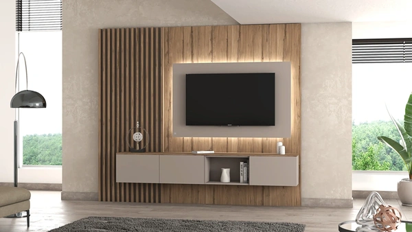 Panelado de televisión con detalle de palillería, combinando funcionalidad y decoración moderna para un enfoque minimalista en el área de estar.