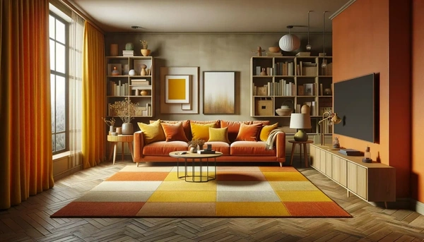Salón amplio y acogedor decorado con tonos cálidos de naranja quemado y amarillo mostaza, que incluye un sofá confortable, mesa de centro contemporánea y alfombra con diseño geométrico, creando un hogar común lleno de vida y color.