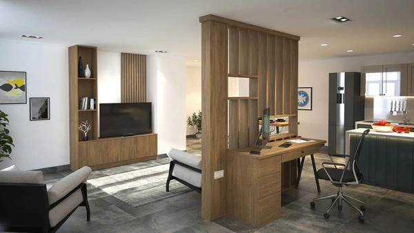 loft con separador de ambientes y mueble de tv