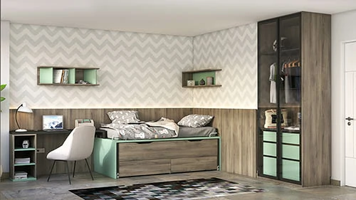 Dormitorio juvenil con cama compacta y panelado con iluminación LED