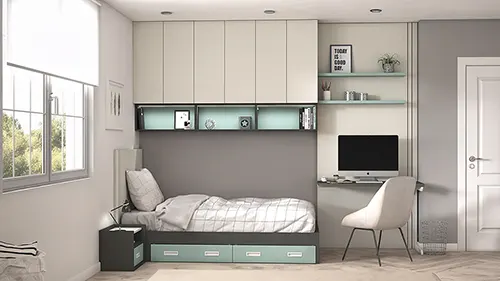 Dormitorio juvenil moderno con zona de estudio en panelado