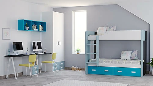 Dormitorio juvenil completo gris y azul con litera y zona de estudio