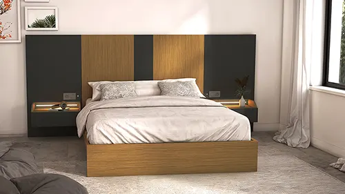 Dormitorio de matrimonio con mesitas colgadas chaflán con iluminación LED