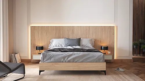 Dormitorio con mesitas colgadas y cabecero con iluminación LED perimetral