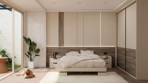 Dormitorio de matrimonio panelado con armario de rincón